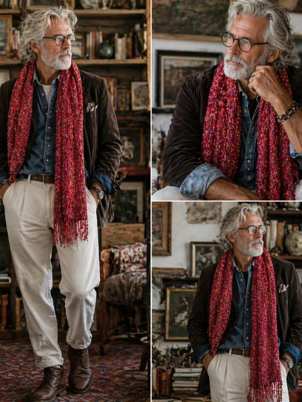 Vintage Textured Fringe Scarf – Red Pink Multi Knit | Soft Luxe Wrap